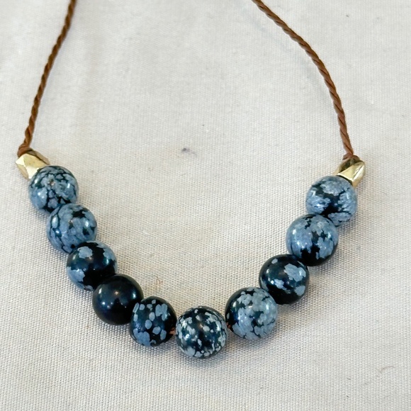 Snowflake Obsidian, round stone choker/necklace on brown cord w/lobster clasp - Picture 15 of 15